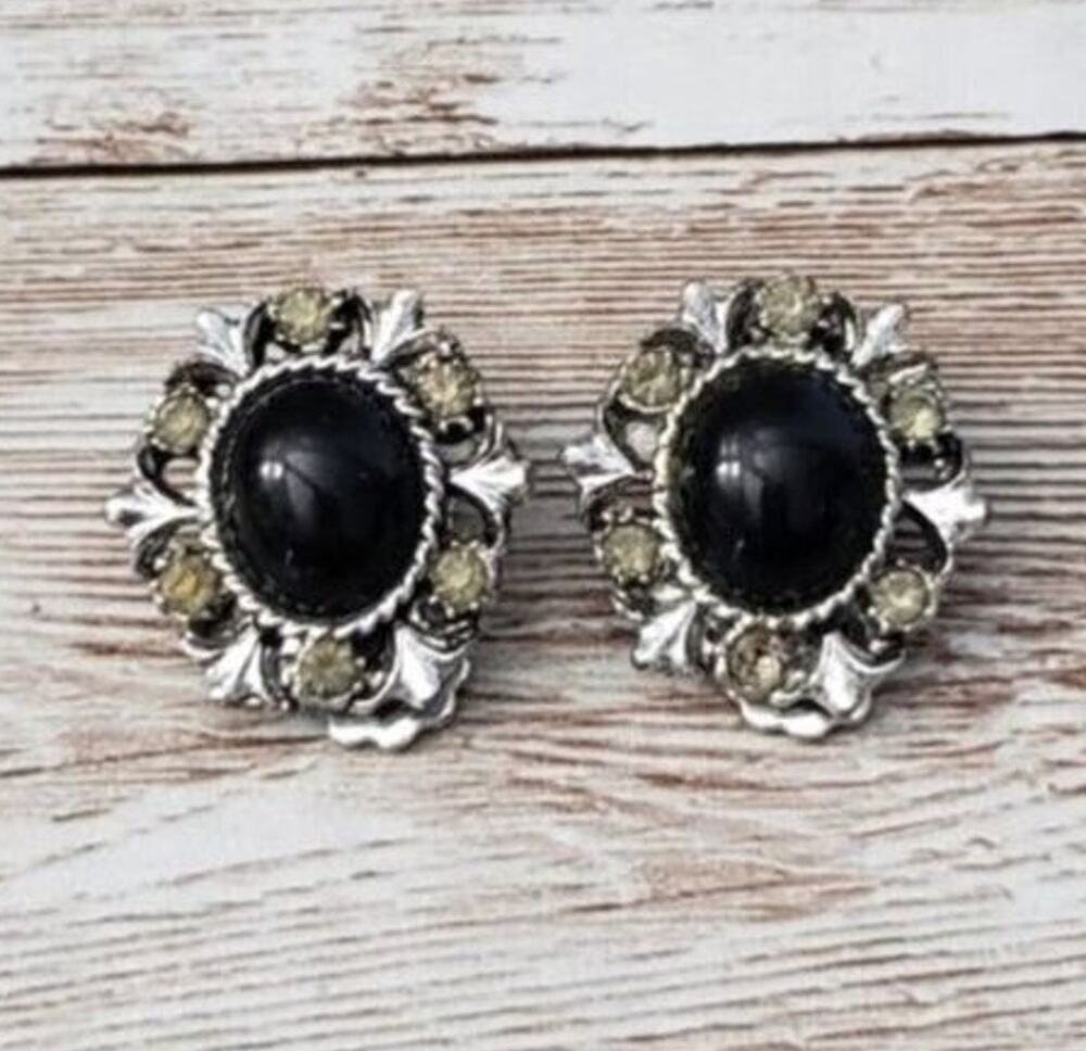 Vintage Clip On Earrings - Elegant Black Center Gem Halo - Fair Condition